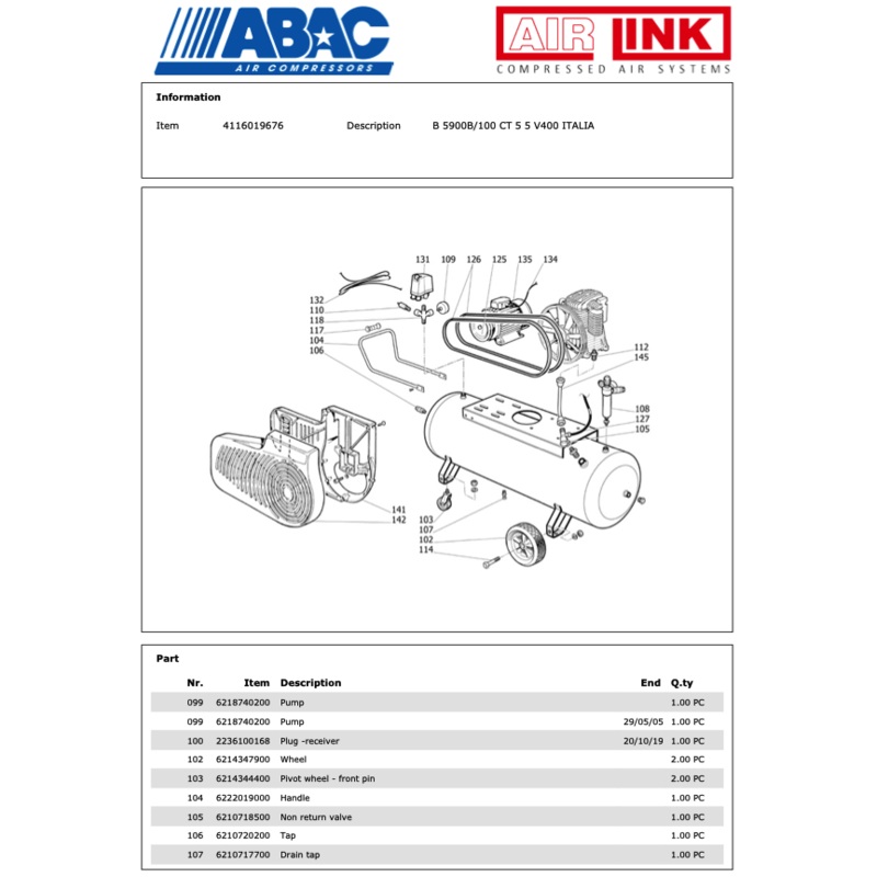 ABAC B5900B/100 CT 5 5 V400 ITALIA Piston Air Compressor Parts Manual – 4116019676