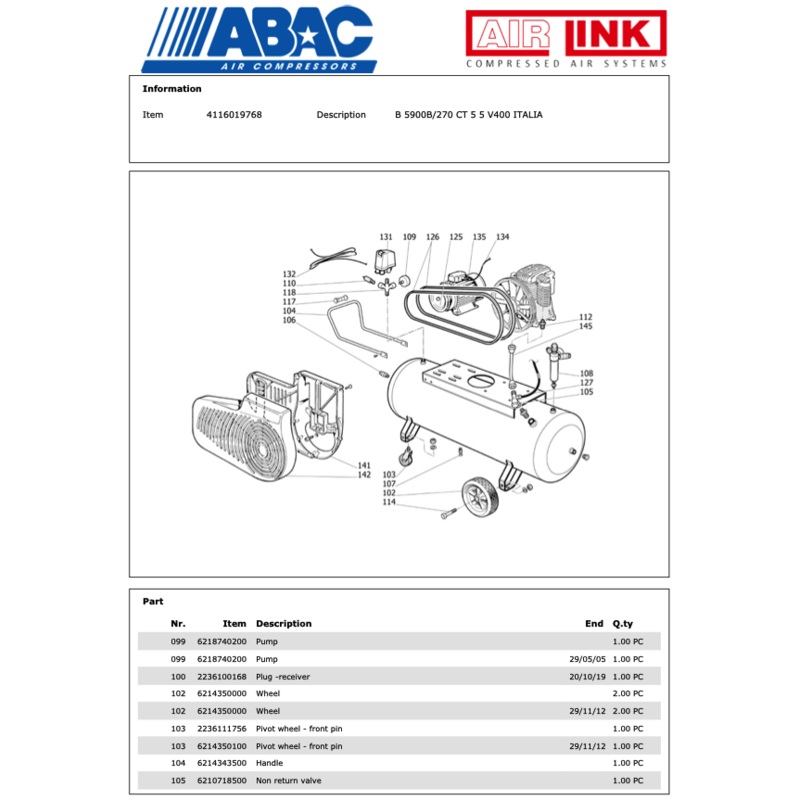 ABAC B5900B/270 CT 5 5 V400 ITALIA Piston Air Compressor Parts Manual – 4116019768