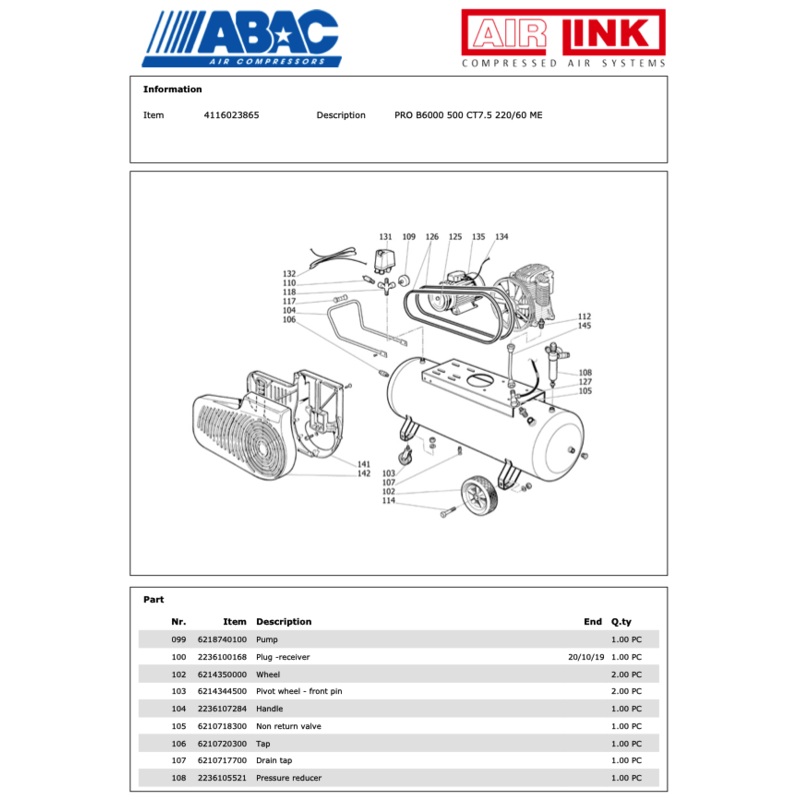 ABAC PRO B6000 500 CT7.5 220/60 ME Piston Air Compressor Parts Manual – 4116023865