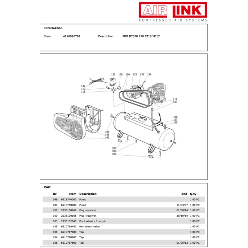 ABAC PRO B7000 270 FT10 YD 2 Piston Air Compressor Parts Manual – 4116020794