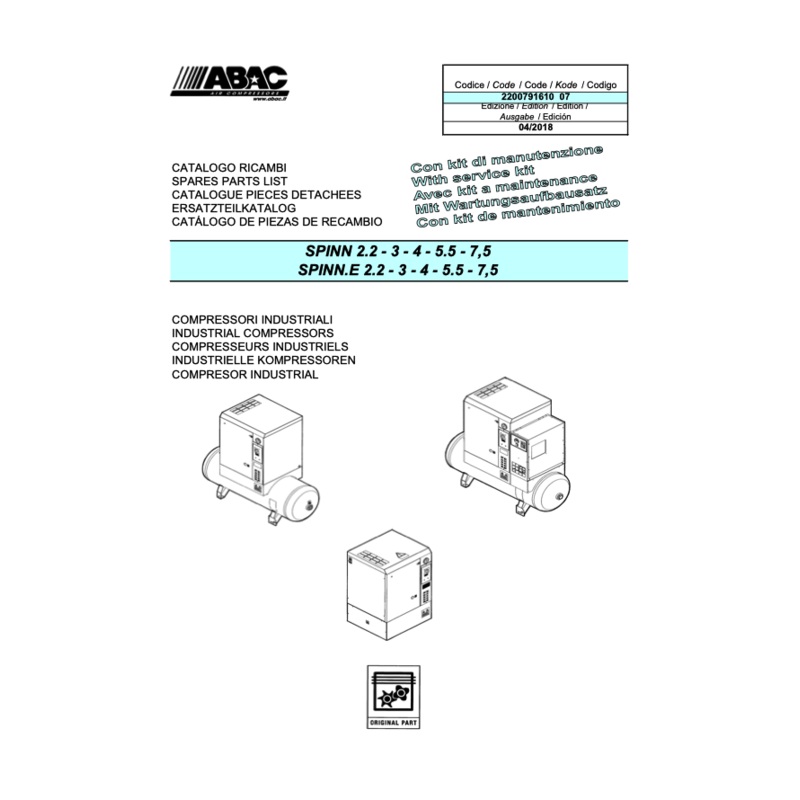 ABAC Spinn (E) 2.2 – 7.5kW Parts Manual From 2018