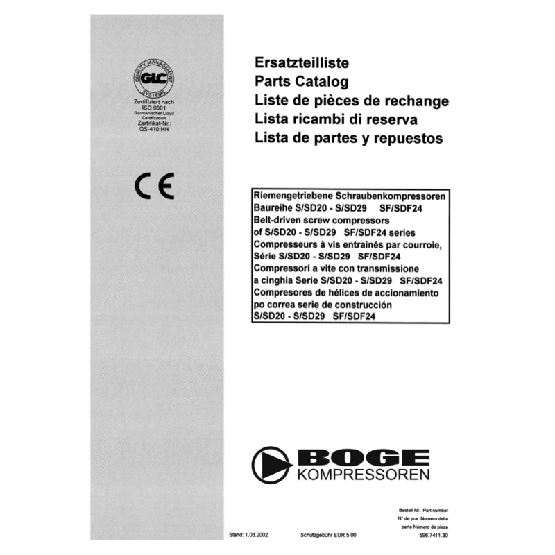 Boge S/SD20 – S/SD29 Compressor Parts Manual From 2002