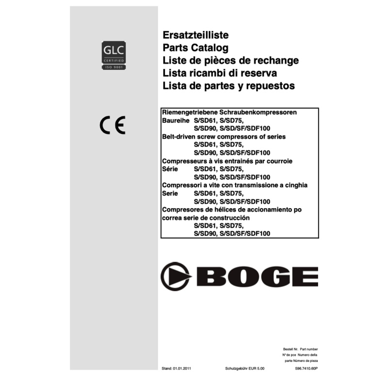 Boge S/SD61, S/SD75,  S/SD90, S/SD/SF/SDF100 Parts Manual From 2011