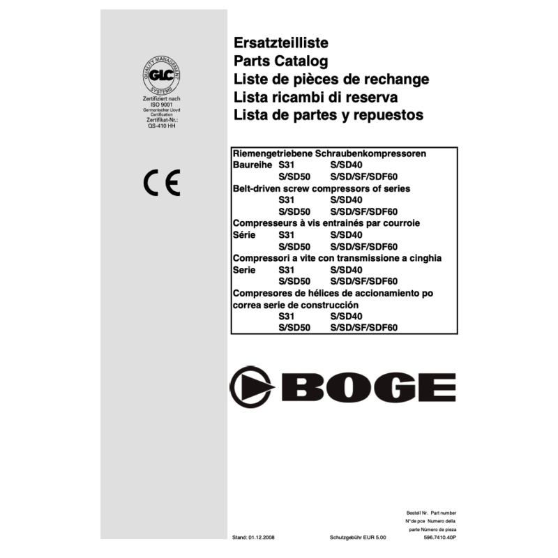 Boge S31 S/SD40 S/SD50 S/SD/SF/SDF60 Parts Manual From 2008