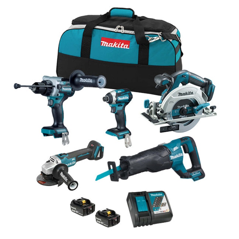 Makita DLX5077TX1 18V LXT Brushless 5 Tool Kit  Hammer Drill/Driver, Impact Driver, Angle Grinder, Circular & Reciprocating Saw, 2x 5.0Ah Batteries