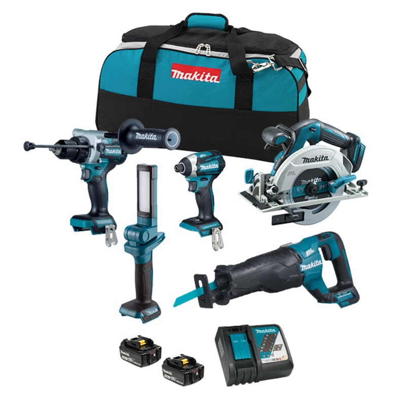 Makita DLX5083TX1 18V LXT Brushless 5 Tool Kit  Hammer Drill/Driver, Reciprocating Saw, Impact Driver, Circular Saw, LED Flashlight, 2x 5.0Ah Batteries