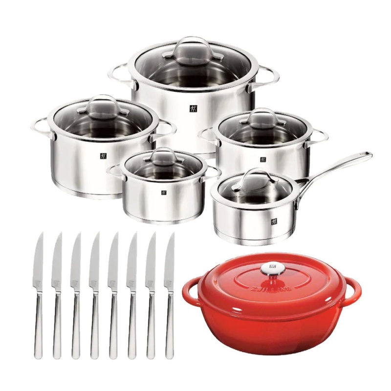 Zwilling Essence 10-piece Stainless Steel Cookware Set with Bonus 4.75 qt. Oval French Oven & 8-piece Steak Knife Set – 66220-010